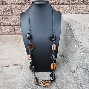 JS Collections Black and Brown Chunky Beaded Long Necklace Leopard Tan Jewelry